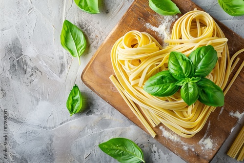 Fresh pasta on a wooden cutting board with basil leaves on a textured surface, showcasing ingredients for an Italian dish.