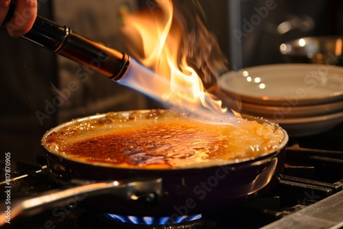 A culinary scene of a chef caramelizing the top of a dessert with a culinary blowtorch, producing a golden, crisp layer.