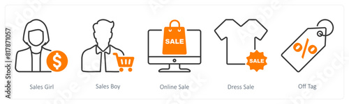 A set of 5 Shopping icons as sales girl, sales boy, online sale