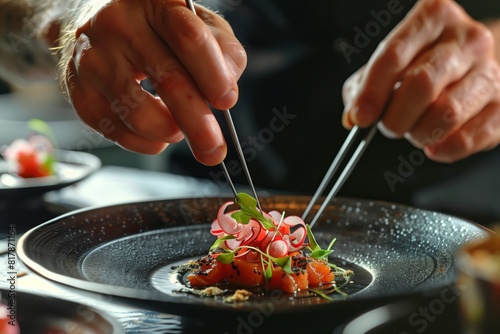 Chef meticulously plating a gourmet dish with radishes, greens, and salmon using tweezers in a fine dining restaurant setting.