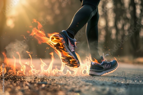 Close-up of a runner's feet in sneakers engulfed in flames, symbolizing speed and intensity. Background features a blurred outdoor setting.