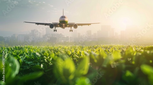Sustainable aviation fuel concept. Net zero emissions flight. Sustainability transportation.