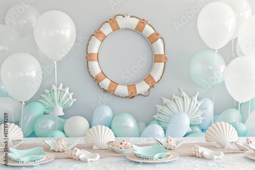 Nautical-themed table setup featuring seashell decorations, pastel balloons, and a lifebuoy on the wall. The color palette includes light blue, white, and beige.