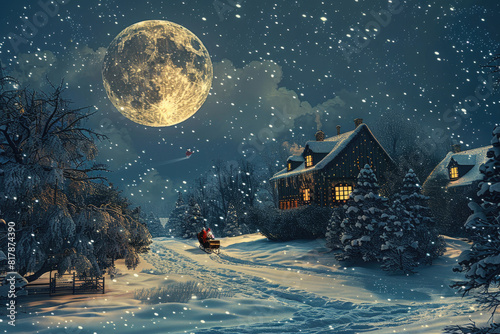 Santa's sleigh glides under moonlight