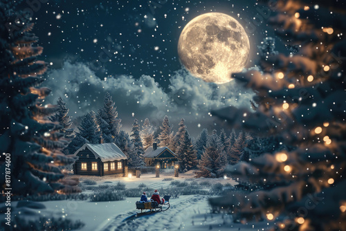Santa's sleigh glides under moonlight