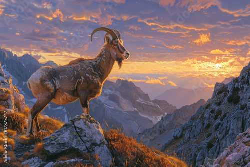 Depict the tranquil beauty of dusk seen through the curved horns of an ibex, with a rugged canyon landscape illuminated by the soft, golden light of the setting sun