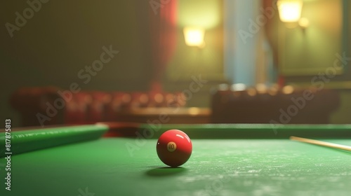 A snooker ball on a table with cue and pockets Banner of snooker match Sport concept