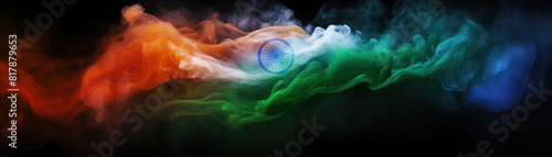 Vibrant Indian flag made from swirling clouds of orange, white, green smoke on dark background, symbolizing Indian Independence Day. Celebrating India's culture and national pride.