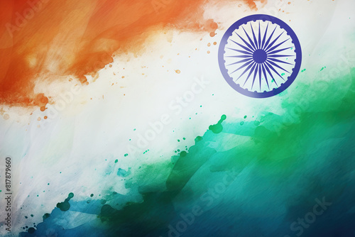 A vibrant watercolor painting of the Indian flag with the Ashoka Chakra in the center. Indian Independence Day. Ideal for celebrating India's culture and national pride.