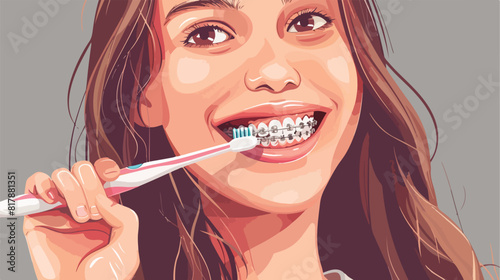 Smiling teenage girl with dental braces holding tooth