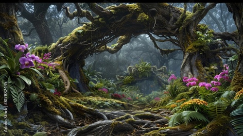 Majestic Tree Roots Intertwine with Blooming Orchids and Ferns Creating a Living Enchanted Forest Archway