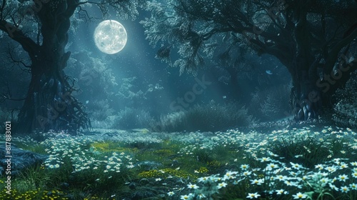 Mystical Moonlit Clearing in Enchanted Forest Under Starry Sky