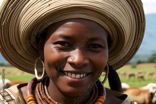  a pretty, smiling swazi woman, black, african, middle aged, wearing traditional beads, in a kraal, heritage, joyful, colorful, community, ethnic, vibrant, attire, cheerful, expression, identity