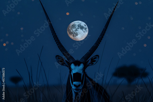 moon framed by the long, symmetrical horns of a gemsbok, creating a striking and elegant composition 