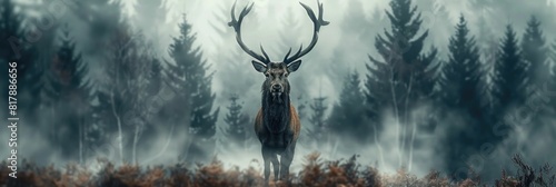 Majestic Stag Standing Amidst the Misty Forest Foliage Showcasing its Powerful Antlers and Commanding Presence in the Ethereal Landscape