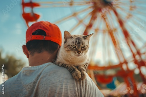 Person with an orange cap carrying a content cat on their shoulder at a fairground with a Ferris wheel in the background.