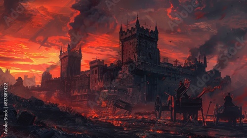 Concept art of a dystopian siege with heavy artillery under a bloodred sky, in a style combining gothic horror settings and photorealism