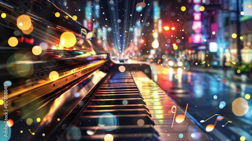 Conceptual image of rhythm with musical notes flowing from a piano into a lively city scene, nightlife vibe