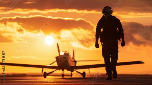 Pilot in silhouette walking towards a small aircraft at sunrise