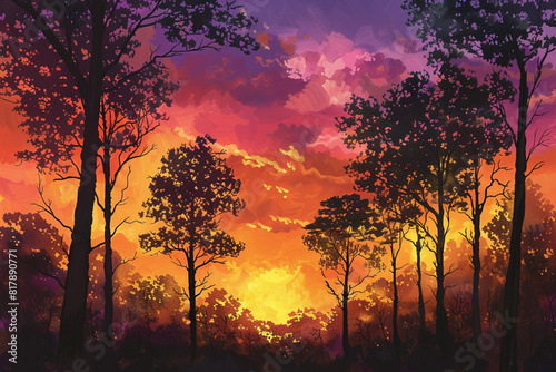Produce an image showcasing the warmth and radiance of a golden hour sunset, painting the sky with hues of orange, pink, and purple, while silhouettes of trees sway gently in the foreground