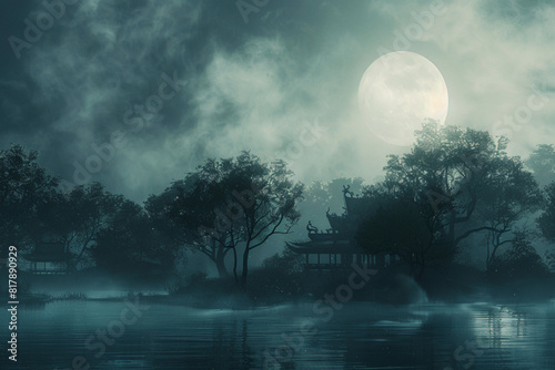 a scenic view depicting a beauty of full moon over a mystic terrain and forest