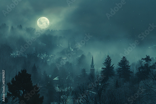 a scenic view depicting a beauty of full moon over a mystic terrain and forest