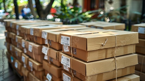 A neat stack of cardboard boxes placed on a city sidewalk