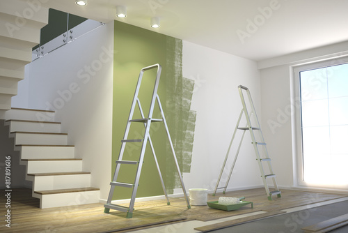 Renovation house. Repair in the apartment, painting walls. 3d illustration