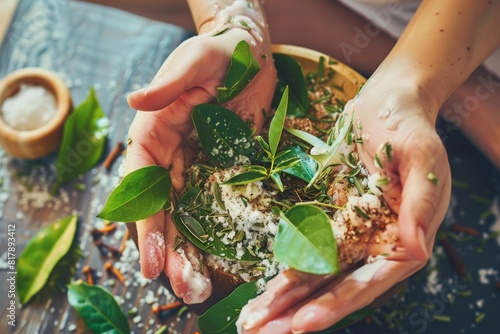 Close-up of hands holding fresh green leaves, spices, and coarse sea salt, suggesting natural skincare or homemade spa treatments.