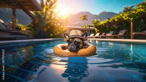 Bulldog francés de vacaciones. Mascota bañándose en una piscina con un pequeño flotador, gafas de sol y sombrero de paja. Perro tomando un baño relajado bajo el sol en verano.