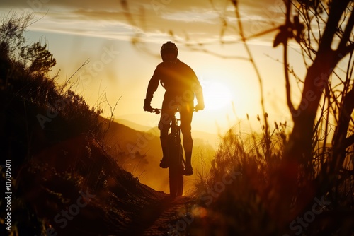 Silhouette of a cyclist riding a mountain trail at sunset, highlighting the adventure and tranquility of outdoor activities in nature.