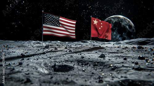 USA and China flag on the Moon