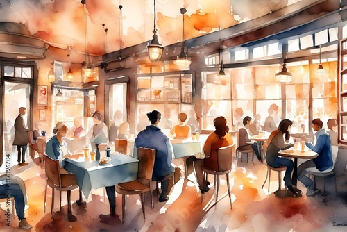 A watercolor depiction of a cozy café interior with patrons and warm lighting