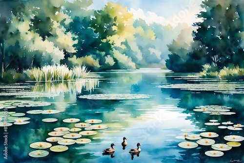 A watercolor painting of a serene lake with ducks and water lilies