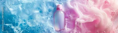 Dreamy fragrance, shampoo, gentle longlasting scent, encapsulation technology, prolonged fragrance, scented shampoo bottle, top view, scented hair, futuristic tone, colored pastel