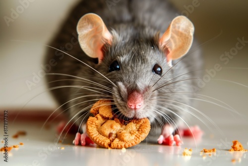 Close-up of a cute gray mouse with a pink nose and large ears holding and nibbling on a cookie, with crumbs scattered around.