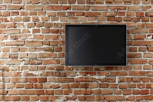A flat-screen TV mounted on an exposed brick wall with visible wall anchors and cables, combining modern technology with rustic interior design.