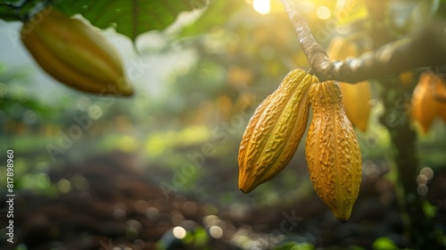 Two ripe yellow cacao pods hanging from a tree