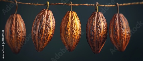 A bunch of brown cocoa beans hanging from a rope