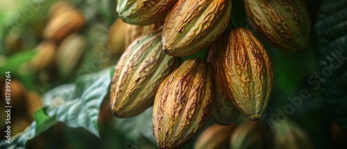 A bunch of brown and green cacao pods hanging from a tree
