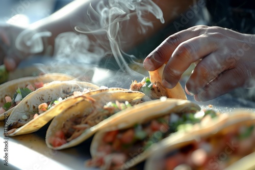 Close-up of a person assembling freshly made tacos, with steam rising from the hot, flavorful ingredients.
