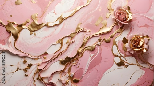 Abstract liquid pink marble texture with hints of gold and a luxurious rose backdrop