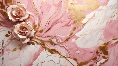 Abstract liquid pink marble texture with hints of gold and a luxurious rose backdrop