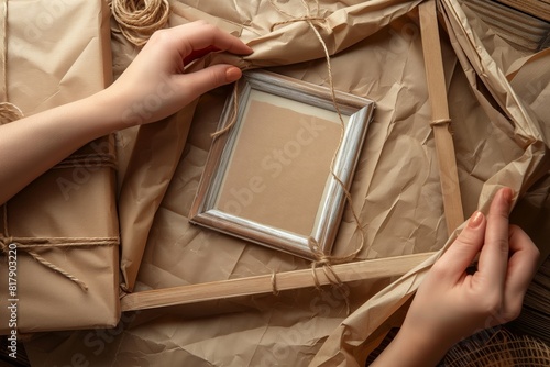 Hands wrapping a silver picture frame with brown paper and twine on a wooden surface, implying a DIY or gift-wrapping activity.