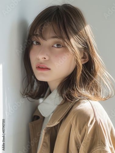 japanese fashion model girl with brown hair bangs, ai