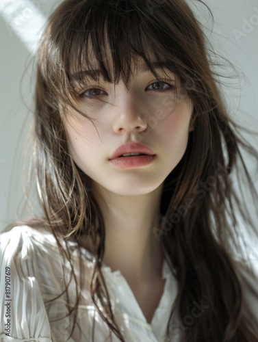 japanese fashion model girl with brown hair bangs, ai