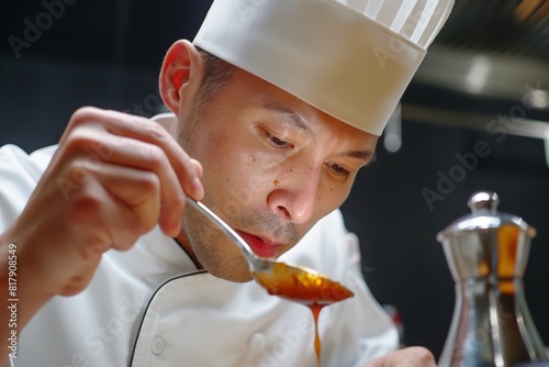 Close-up of a focused chef in a white uniform and toque, tasting sauce from a spoon in a professional kitchen.