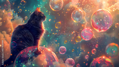 a cat is playing with bubbles in a grassy field
