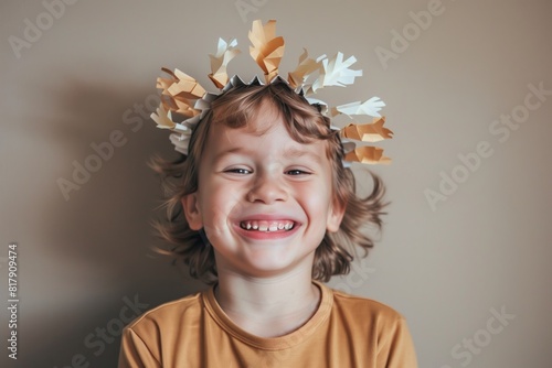 Joyful child wearing a handmade paper crown, smiling brightly against a neutral background. Expressing happiness and creativity.
