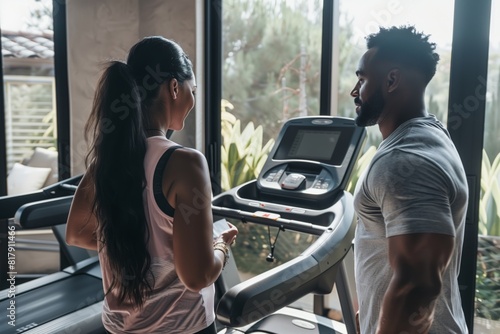 Two people in a modern gym setting, interacting by a treadmill with large windows providing a view of greenery outside.